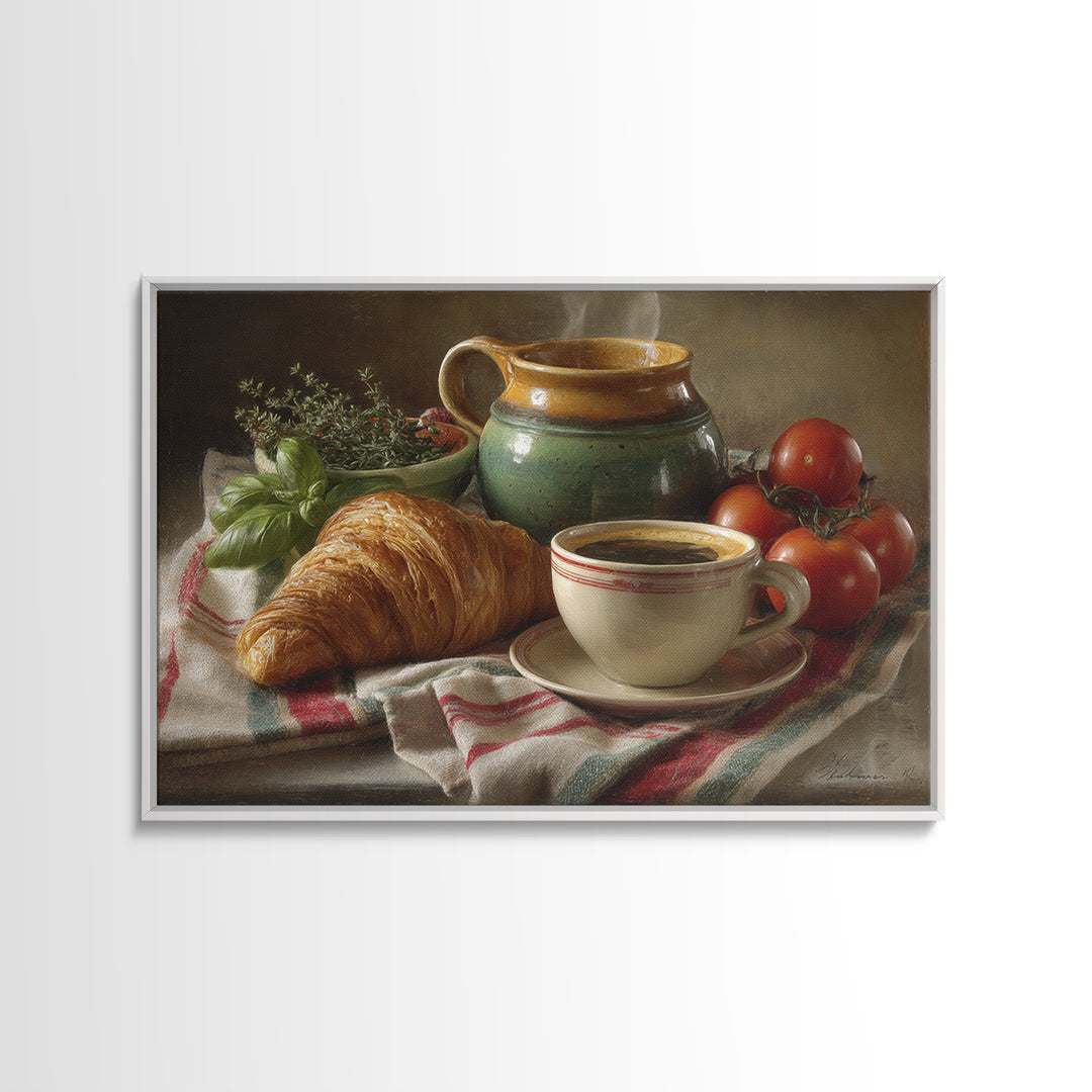 Croissant and Cappuccino on Striped Cloth Framed Canvas Print, Coffee Shop Art, Fine Art Print, Cafe Decor, Fine Art, Cafe, CSA-3x2-81