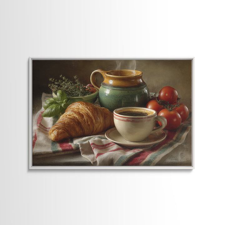 Croissant and Cappuccino on Striped Cloth Framed Canvas Print, Coffee Shop Art, Fine Art Print, Cafe Decor, Fine Art, Cafe, CSA-3x2-81