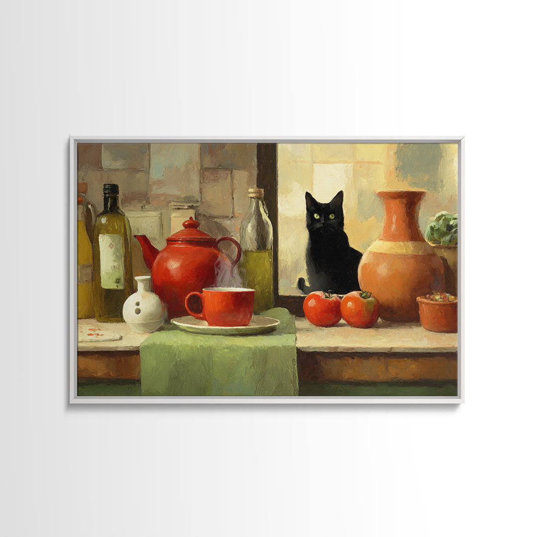 Black Cat Beside a Steaming Cup Framed Canvas Print, Coffee Shop Art, Moody Wall Art, Cafe Decor, Fine Art, Cafe, Luxury Decor, CSA-3x2-90