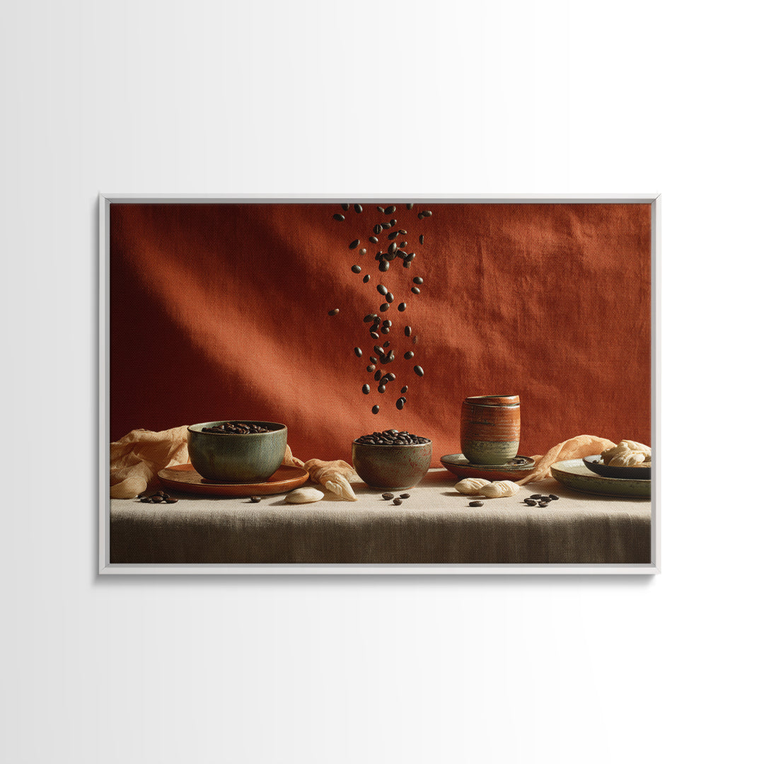 Roasted Beans Falling Through Dark Space Framed Canvas Print, Coffee Shop Art, Printable, Cafe Decor, Fine Art, Cafe, CSA-3x2-96