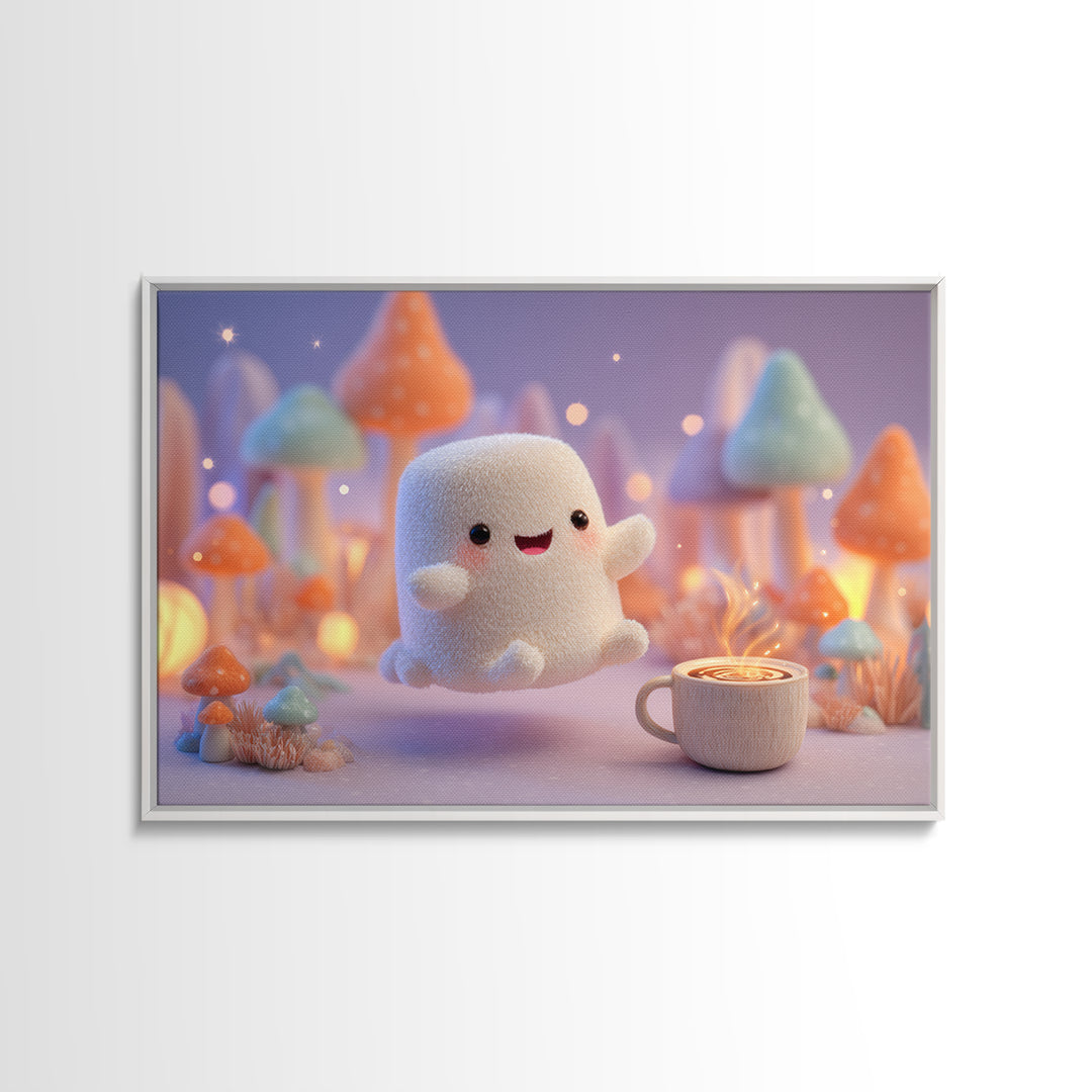 The Marshmallow Ghost, Storybook Halloween Art, Landscape Wall Art, Framed Canvas Print, Halloween Kids Decor, Whimsical Wall Art