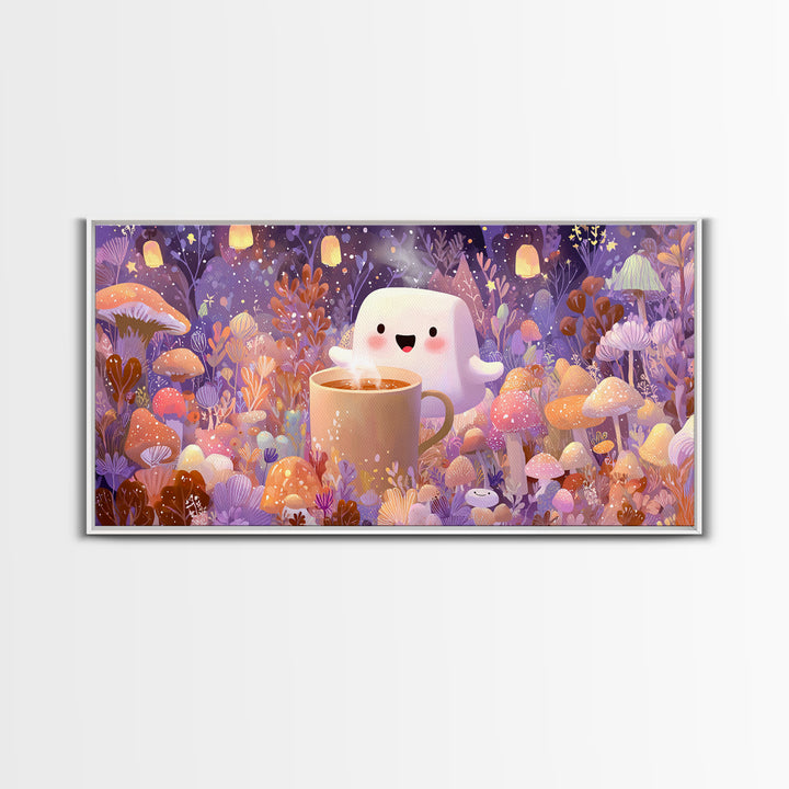 The Marshmallow Ghost, Storybook Halloween Art, Wide Panoramic Art, Canvas Print, Halloween Kids Decor, Whimsical Wall Art