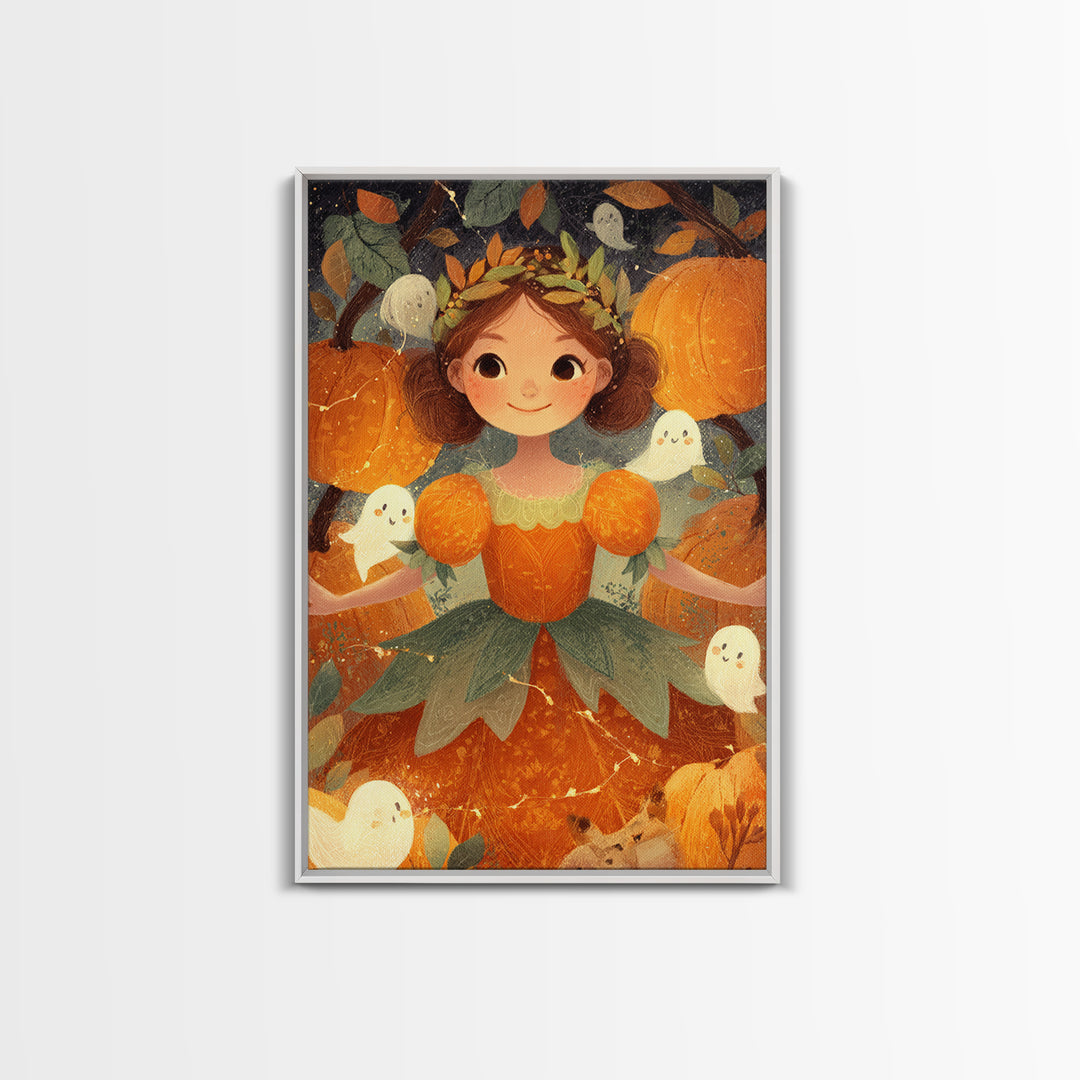 The Pumpkin Princess, Cute Spooky Wall Art, Vertical Wall Art, Canvas Print, Halloween Kids Decor, Whimsical Wall Art, Spooky Wall Decor