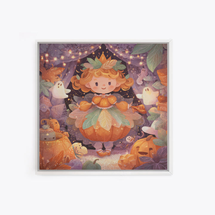 The Pumpkin Princess, Storybook Halloween Art, Square Wall Art, Canvas Print, Halloween Kids Decor, Whimsical Wall Art