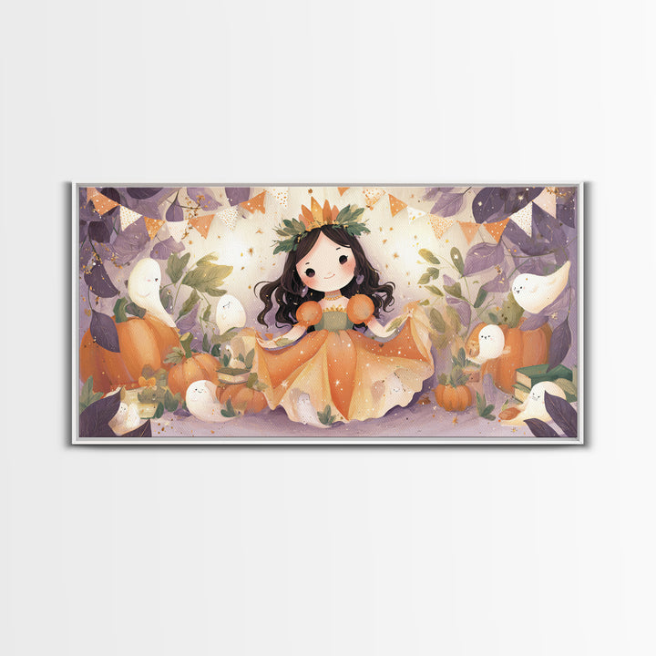 The Pumpkin Princess, Cute Halloween Wall Art, Wide Panoramic Art, Framed Canvas Print, Halloween Kids Decor, Whimsical Wall Art