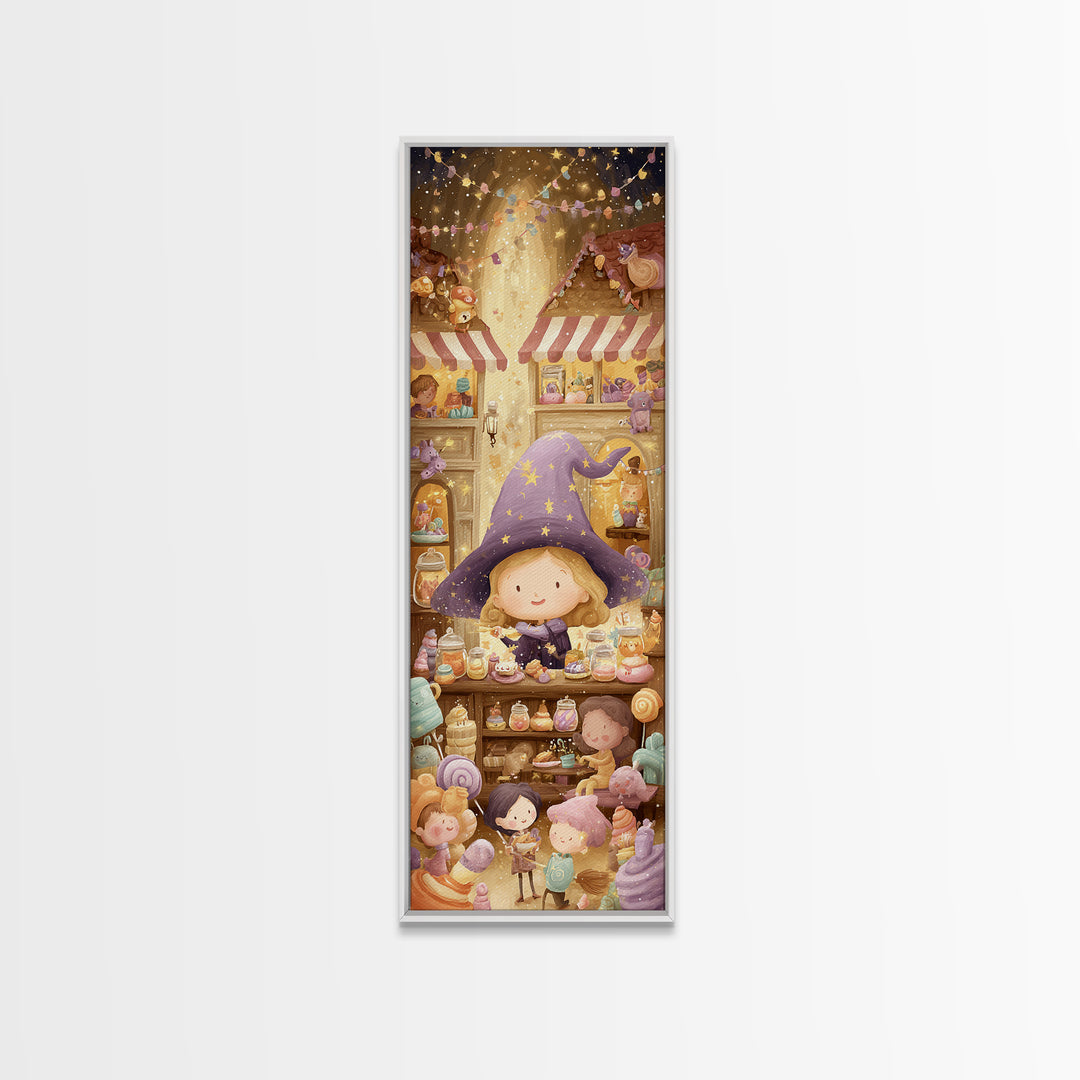 The Little Star Witch, Whimsical Halloween Art, Tall Narrow Wall Art, Framed Canvas Print, Halloween Kids Decor, Whimsical Wall Art