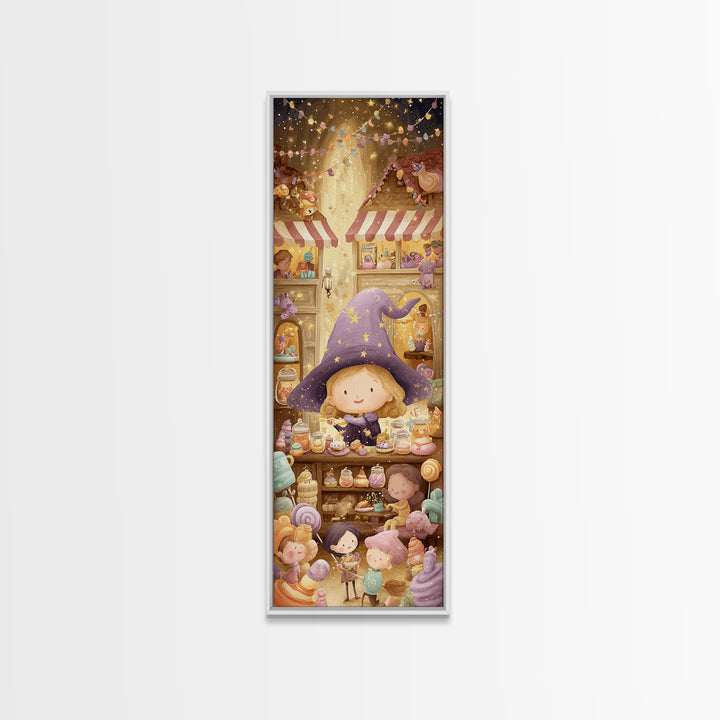The Little Star Witch, Whimsical Halloween Art, Tall Narrow Wall Art, Framed Canvas Print, Halloween Kids Decor, Whimsical Wall Art