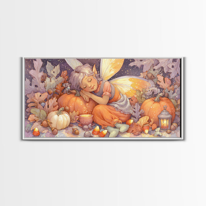 The Candy Corn Fairy, Storybook Halloween Art, Wide Panoramic Art, Canvas Print, Halloween Kids Decor, Whimsical Wall Art