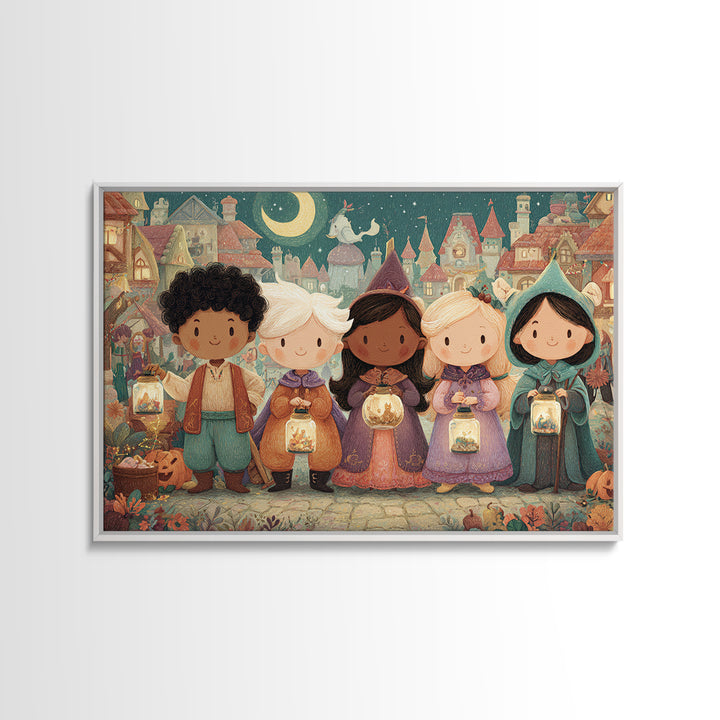 The Moonbeam Wizard, Whimsical Halloween Art, Landscape Wall Art, Framed Canvas Print, Halloween Kids Decor, Whimsical Wall Art