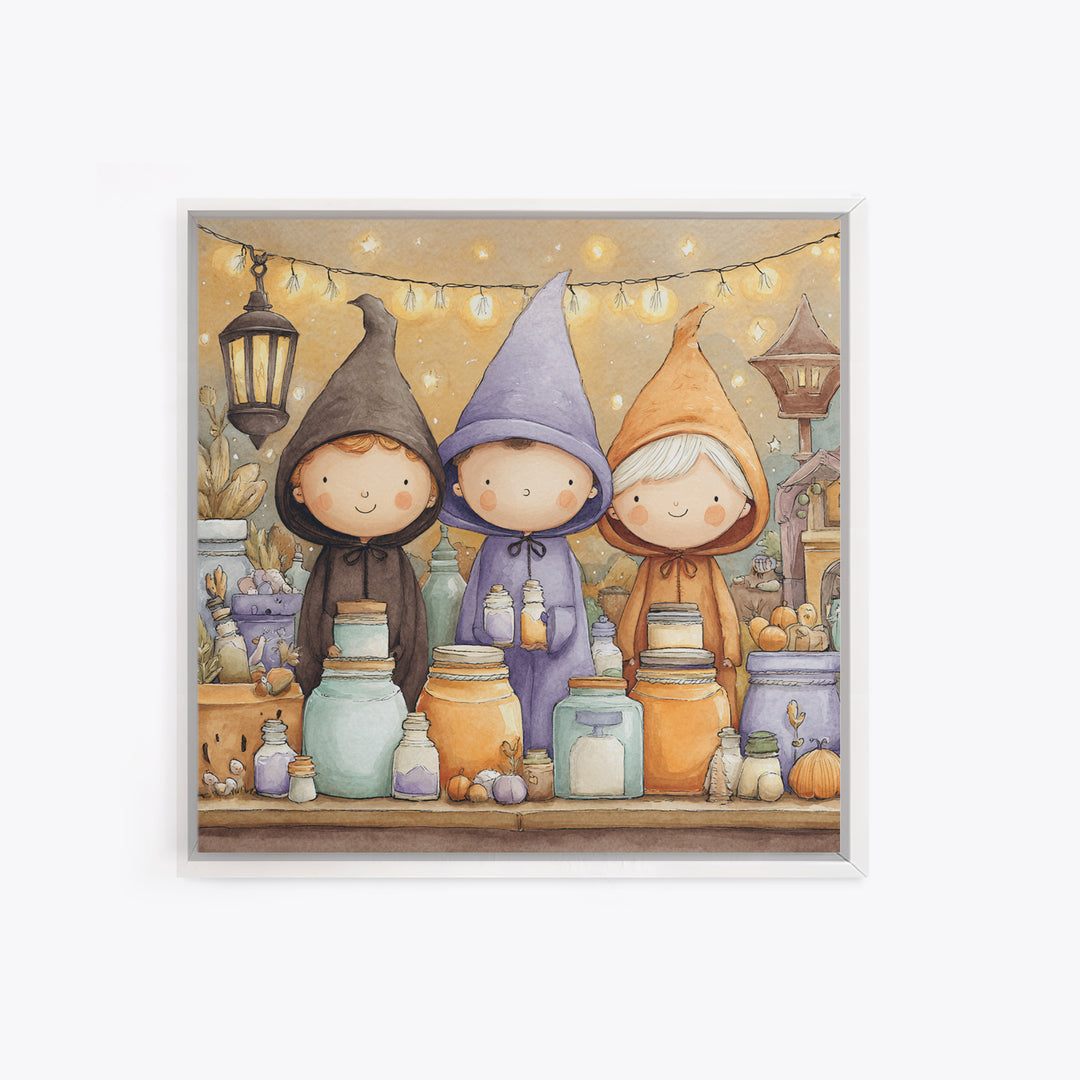 The Moonbeam Wizard, Storybook Halloween Art, Square Wall Art, Framed Canvas Print, Halloween Kids Decor, Whimsical Wall Art
