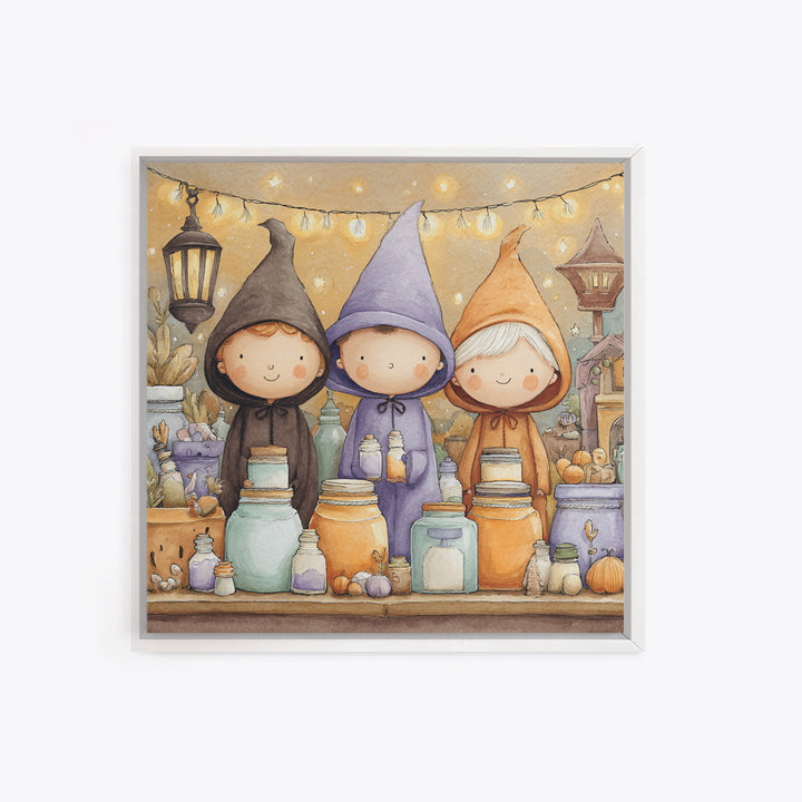The Moonbeam Wizard, Storybook Halloween Art, Square Wall Art, Framed Canvas Print, Halloween Kids Decor, Whimsical Wall Art