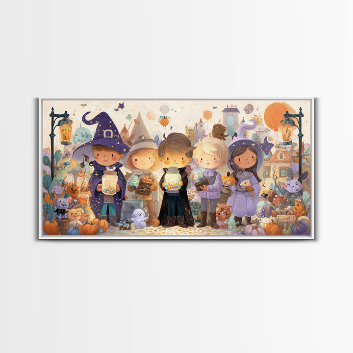The Moonbeam Wizard, Whimsical Halloween Art, Wide Panoramic Art, Canvas Print, Halloween Kids Decor, Whimsical Wall Art, Horror Wall Art