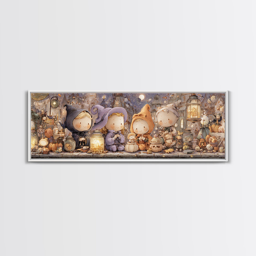 The Moonbeam Wizard, Whimsical Halloween Art, Extra Wide Wall Art, Framed Canvas Print, Halloween Kids Decor, Whimsical Wall Art