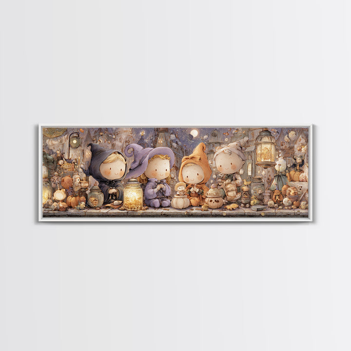The Moonbeam Wizard, Whimsical Halloween Art, Extra Wide Wall Art, Framed Canvas Print, Halloween Kids Decor, Whimsical Wall Art