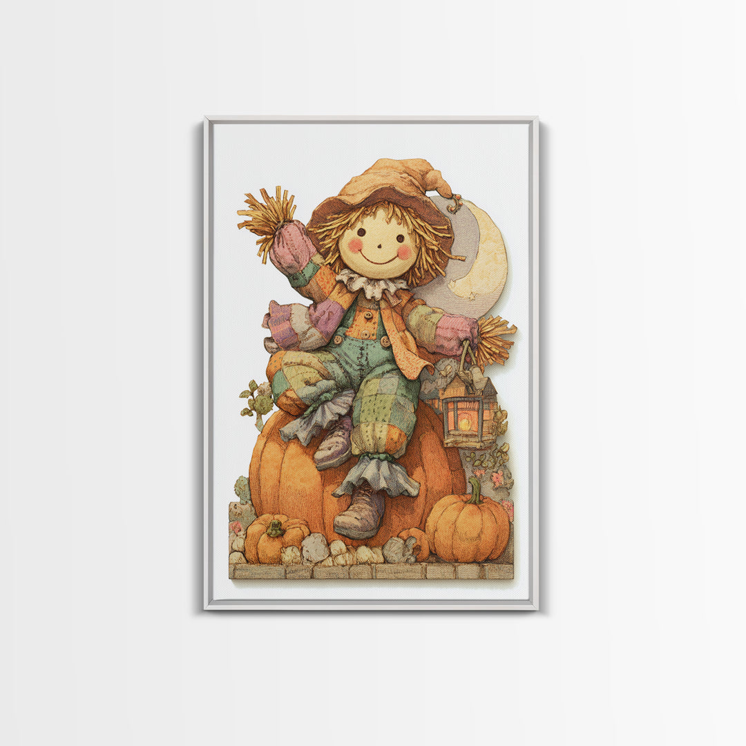 The Button-Nosed Scarecrow, Whimsical Halloween Art, Vertical Wall Art, Canvas Print, Halloween Kids Decor, Whimsical Wall Art