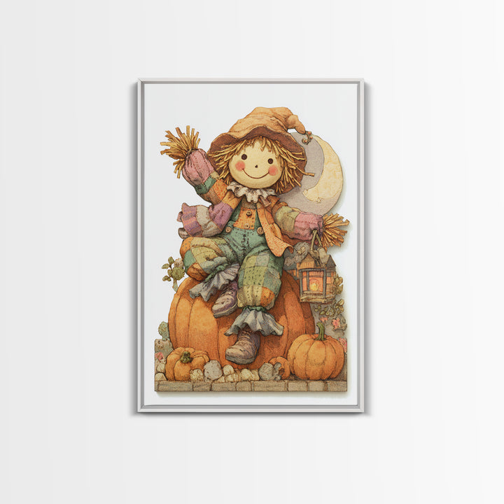 The Button-Nosed Scarecrow, Whimsical Halloween Art, Vertical Wall Art, Canvas Print, Halloween Kids Decor, Whimsical Wall Art