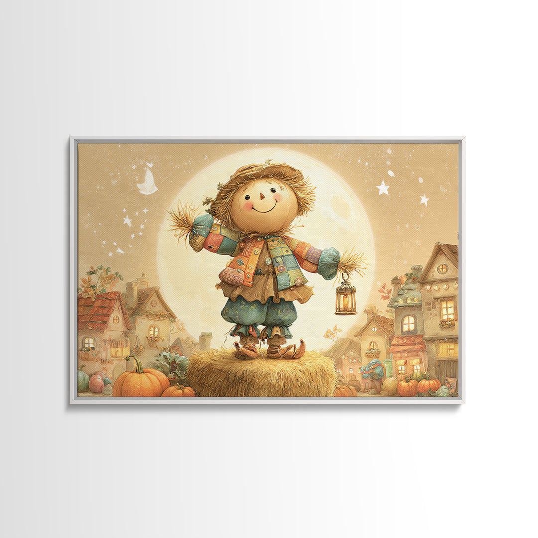 The Button-Nosed Scarecrow, Cute Spooky Wall Art, Landscape Wall Art, Canvas Print, Halloween Kids Decor, Whimsical Wall Art