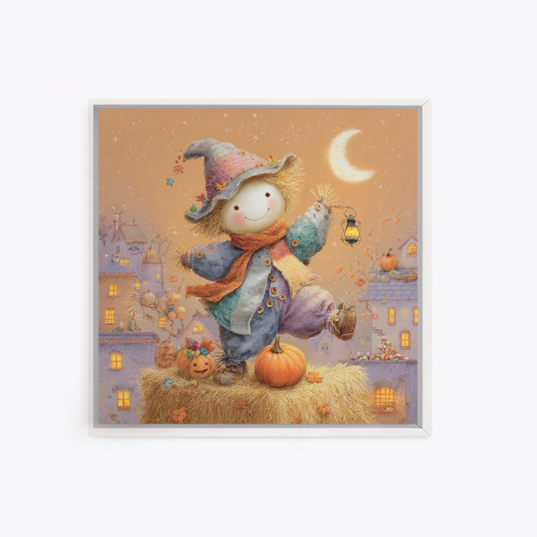 The Button-Nosed Scarecrow, Storybook Halloween Art, Square Wall Art, Canvas Print, Halloween Kids Decor, Whimsical Wall Art