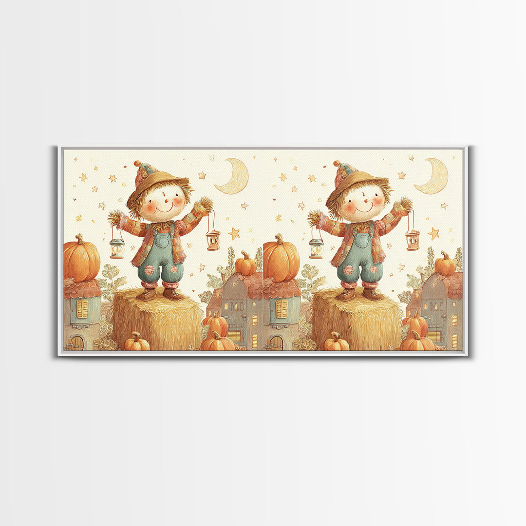 The Button-Nosed Scarecrow, Cute Halloween Wall Art, Wide Panoramic Art, Canvas Print, Halloween Kids Decor, Whimsical Wall Art