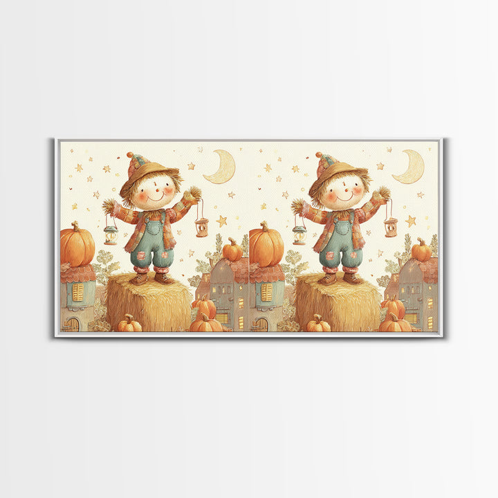The Button-Nosed Scarecrow, Cute Halloween Wall Art, Wide Panoramic Art, Canvas Print, Halloween Kids Decor, Whimsical Wall Art