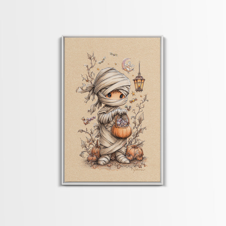 The Shy Little Mummy, Hand Sketch Halloween Art, Vertical Wall Art, Canvas Print, Cute Halloween Wall Art