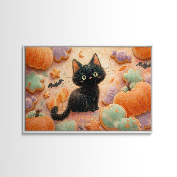 The Black Cat Baker, Watercolor Halloween Art, Landscape Wall Art, Framed Canvas Print, Cute Halloween Wall Art