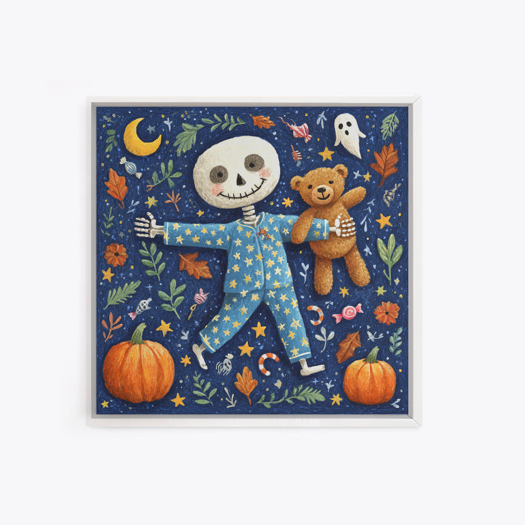 The Pajama Skeleton, Gouache Halloween Art, Square Wall Art, Canvas Print, Cute Halloween Wall Art, Halloween Kids Decor