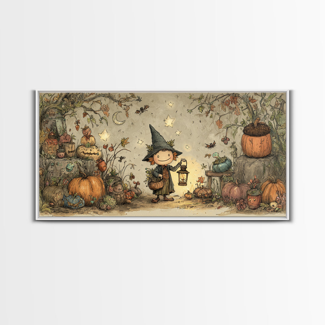 The Acorn Goblin, Crayon Halloween Art, Wide Panoramic Art, Framed Canvas Print, Cute Halloween Wall Art