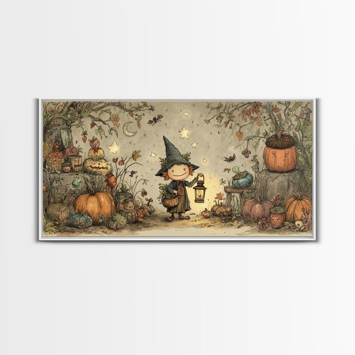 The Acorn Goblin, Crayon Halloween Art, Wide Panoramic Art, Framed Canvas Print, Cute Halloween Wall Art