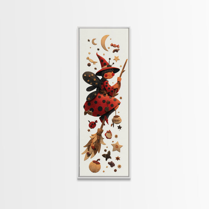 The Ladybug Witch, Paper Collage Halloween, Tall Narrow Wall Art, Framed Canvas Print, Cute Halloween Wall Art