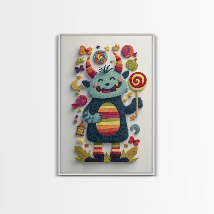 The Rainbow Monster, Felt Halloween Art, Vertical Wall Art, Canvas Print, Cute Halloween Wall Art, Whimsical Nursery Decor