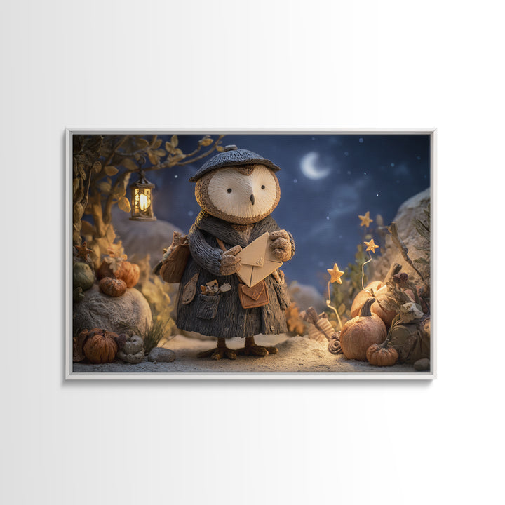 The Owl Postmaster, Clay Halloween Art, Landscape Wall Art, Framed Canvas Print, Cute Halloween Wall Art