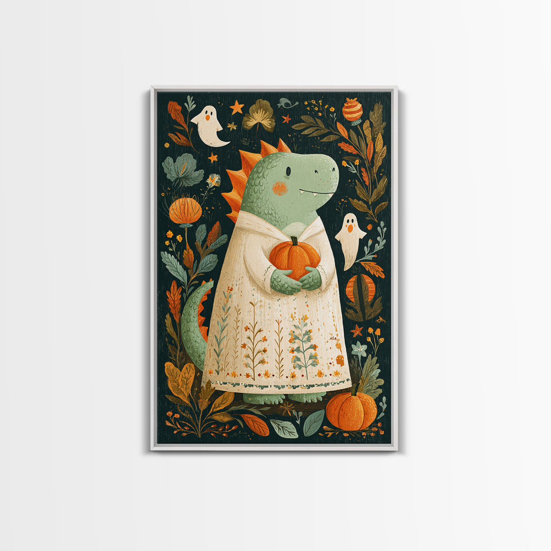 The Sleepy Costume Dragon, Folk Halloween Art, Vertical Wall Art, Canvas Print, Cute Halloween Wall Art