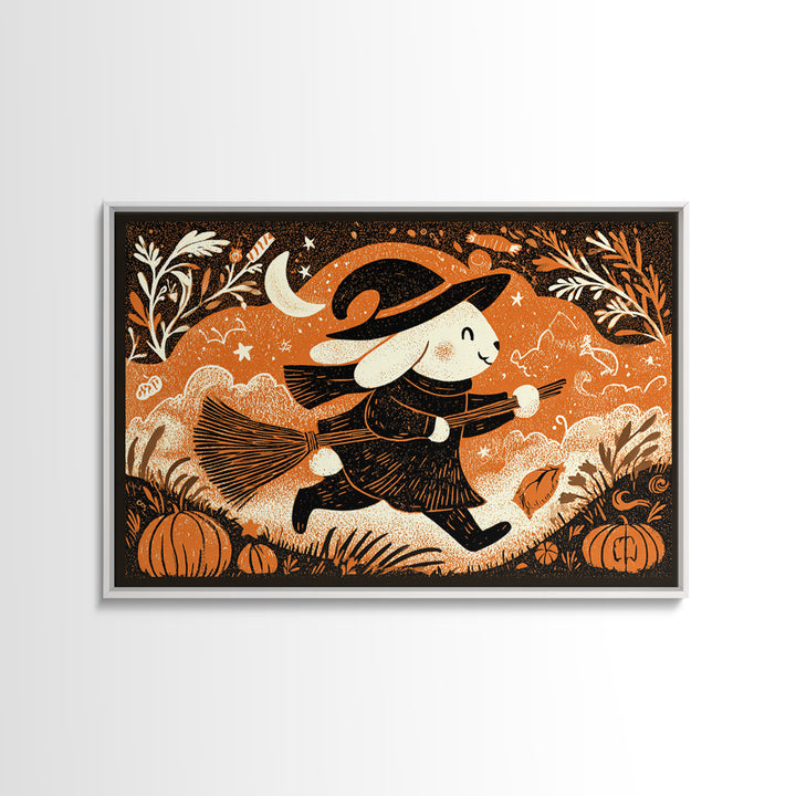 The Bunny Witch, Linocut Halloween Art, Landscape Wall Art, Framed Canvas Print, Cute Halloween Wall Art