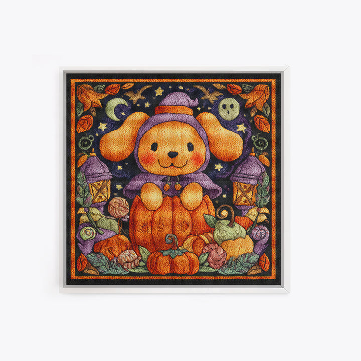 The Pumpkin Puppy, Embroidered Halloween Art, Square Wall Art, Canvas Print, Cute Halloween Wall Art
