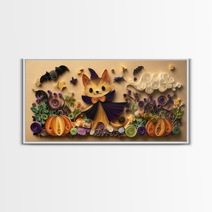 The Kitten Vampire, Quilled Halloween Art, Wide Panoramic Art, Framed Canvas Print, Cute Halloween Wall Art