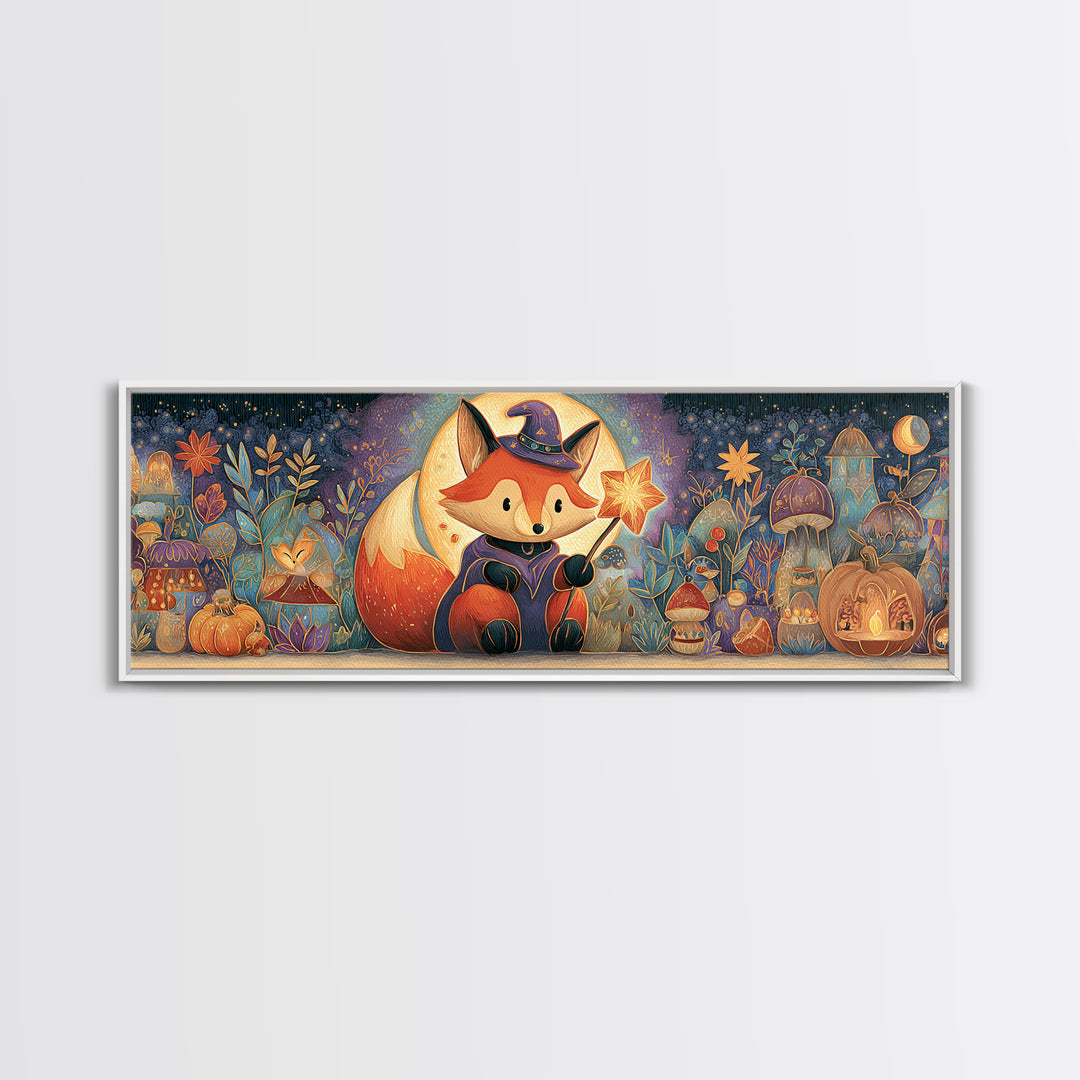 The Fox Wizard, Stained Glass Halloween, Extra Wide Wall Art, Canvas Print, Cute Halloween Wall Art, Cozy Autumn Kids Decor
