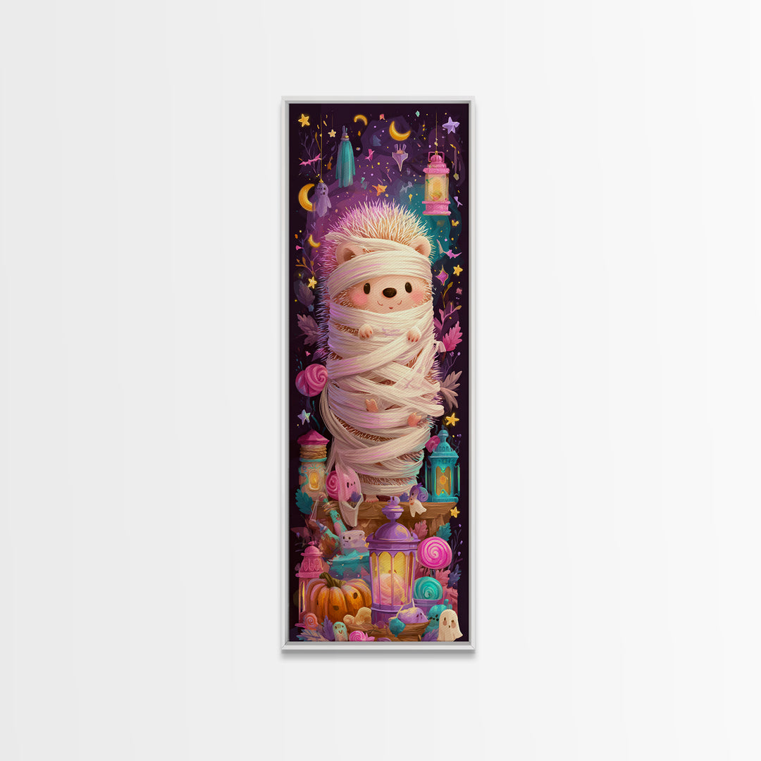 The Hedgehog Mummy, Vaporwave Halloween Art, Tall Narrow Wall Art, Framed Canvas Print, Cute Halloween Wall Art