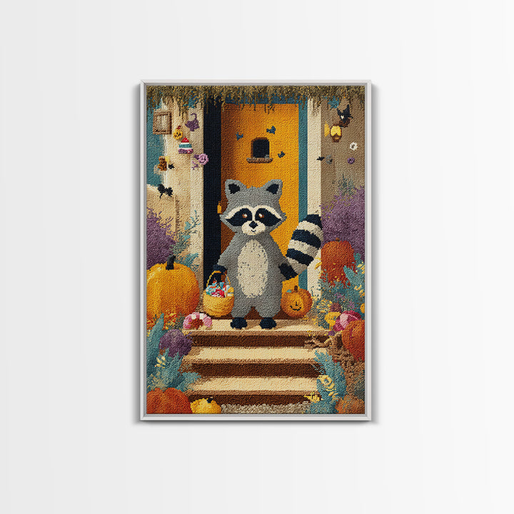 The Raccoon Trick-Or-Treater, Pixel Halloween Art, Vertical Wall Art, Canvas Print, Cute Halloween Wall Art