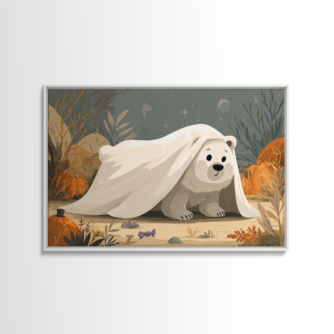 The Bear Cub Ghost, Vector Halloween Art, Landscape Wall Art, Framed Canvas Print, Cute Halloween Wall Art
