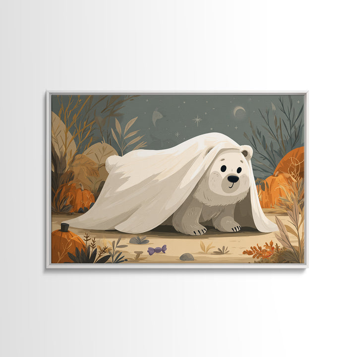 The Bear Cub Ghost, Vector Halloween Art, Landscape Wall Art, Framed Canvas Print, Cute Halloween Wall Art