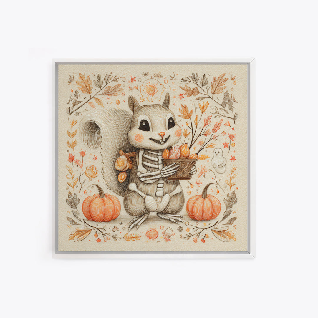 The Squirrel Skeleton, Hand Sketch Halloween Art, Square Wall Art, Canvas Print, Cute Halloween Wall Art