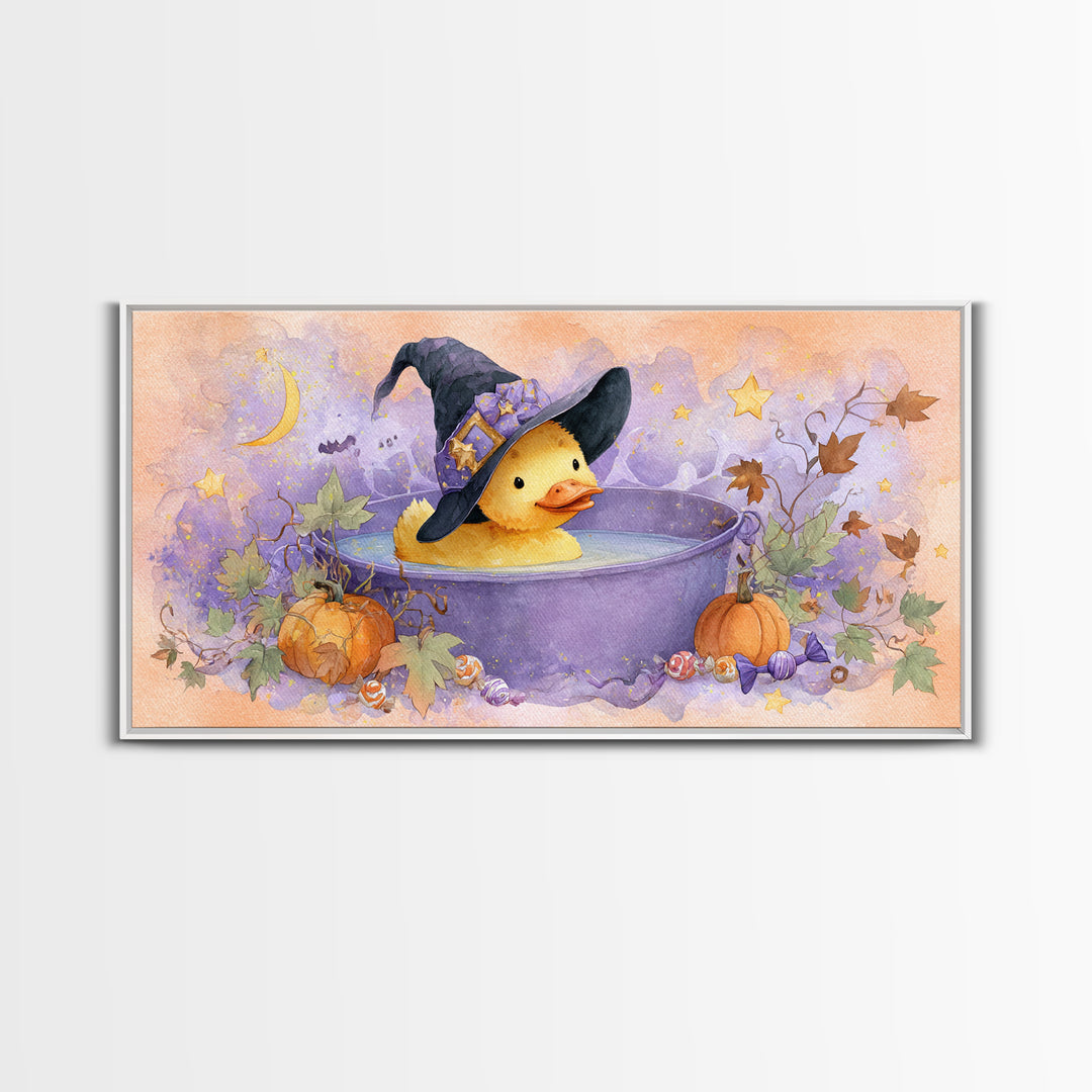 The Duckling Witch, Watercolor Halloween Art, Wide Panoramic Art, Framed Canvas Print, Cute Halloween Wall Art
