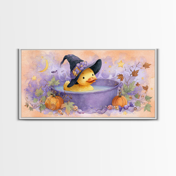 The Duckling Witch, Watercolor Halloween Art, Wide Panoramic Art, Framed Canvas Print, Cute Halloween Wall Art