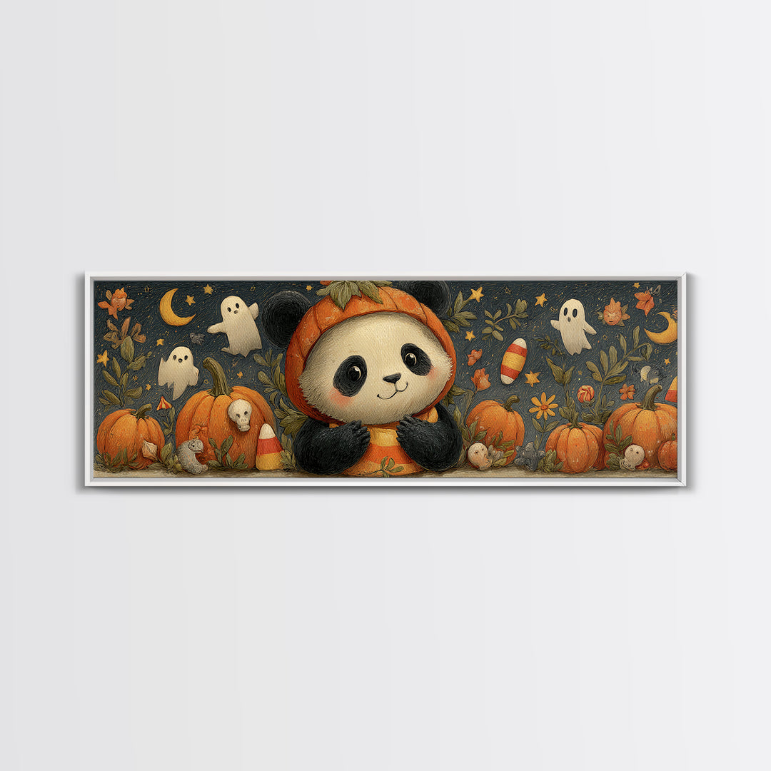 The Panda Pumpkin, Gouache Halloween Art, Extra Wide Wall Art, Canvas Print, Cute Halloween Wall Art