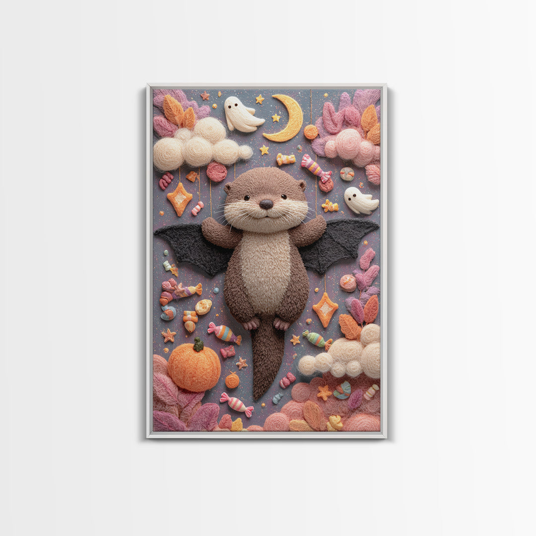The Bat-Winged Otter, Pastel Halloween Art, Vertical Wall Art, Canvas Print, Cute Halloween Wall Art