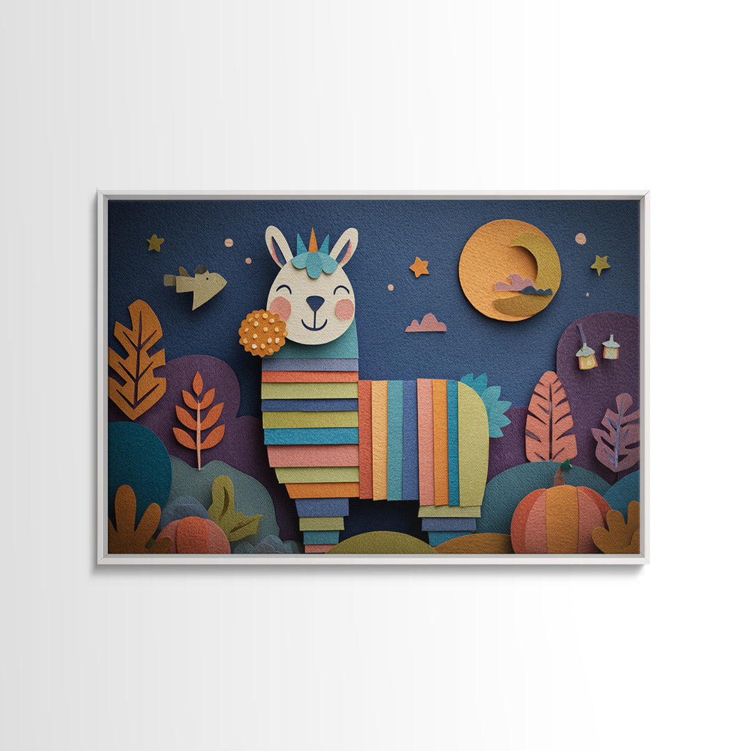 The Llama Mummy, Paper Collage Halloween, Landscape Wall Art, Framed Canvas Print, Cute Halloween Wall Art