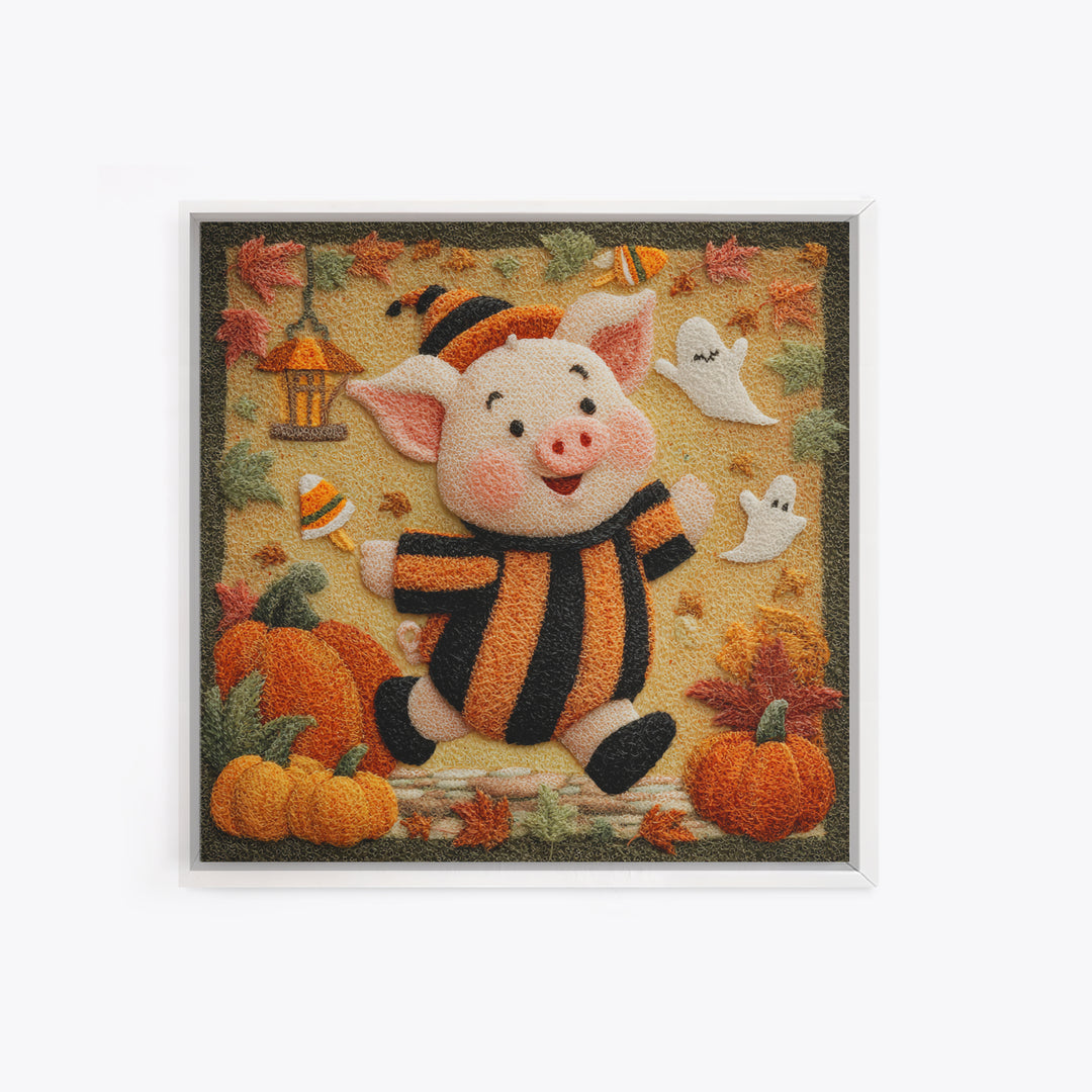The Candy Corn Piglet, Felt Halloween Art, Square Wall Art, Canvas Print, Cute Halloween Wall Art, Halloween Kids Decor