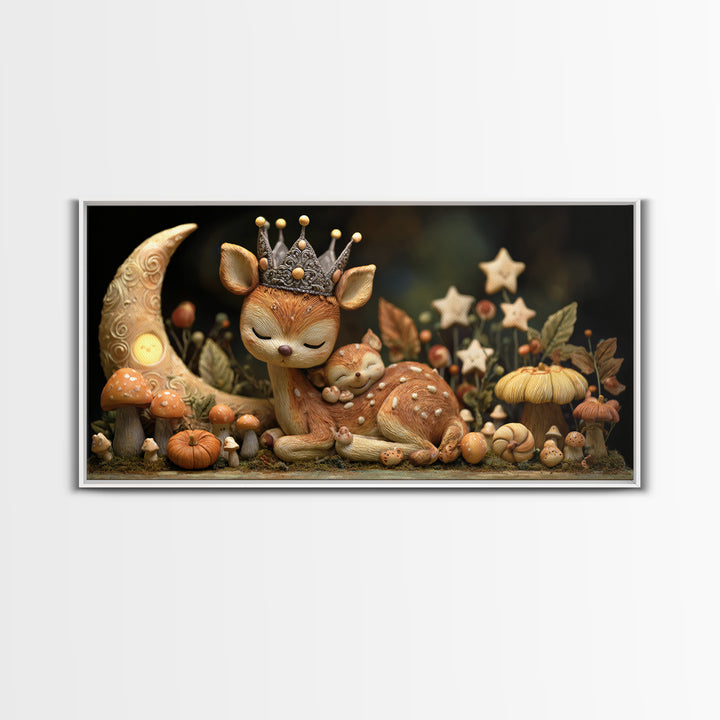 The Moon Princess Deer, Clay Halloween Art, Wide Panoramic Art, Framed Canvas Print, Cute Halloween Wall Art