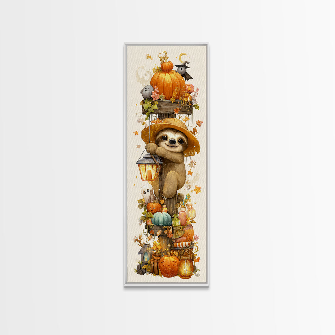 The Scarecrow Sloth, Kawaii Halloween Art, Tall Narrow Wall Art, Framed Canvas Print, Cute Halloween Wall Art